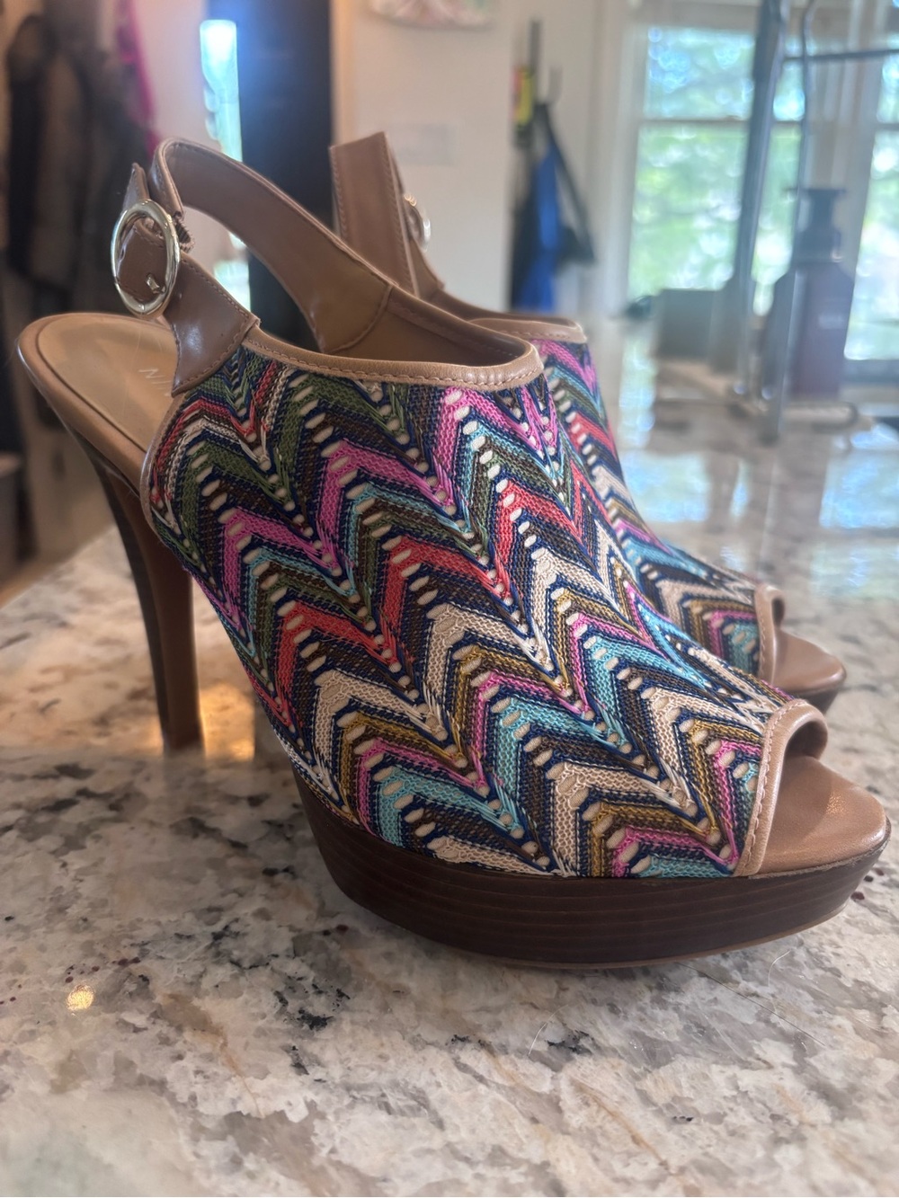 Nine West Multi-Color Chevron Peep-Toe Platform Slingbacks